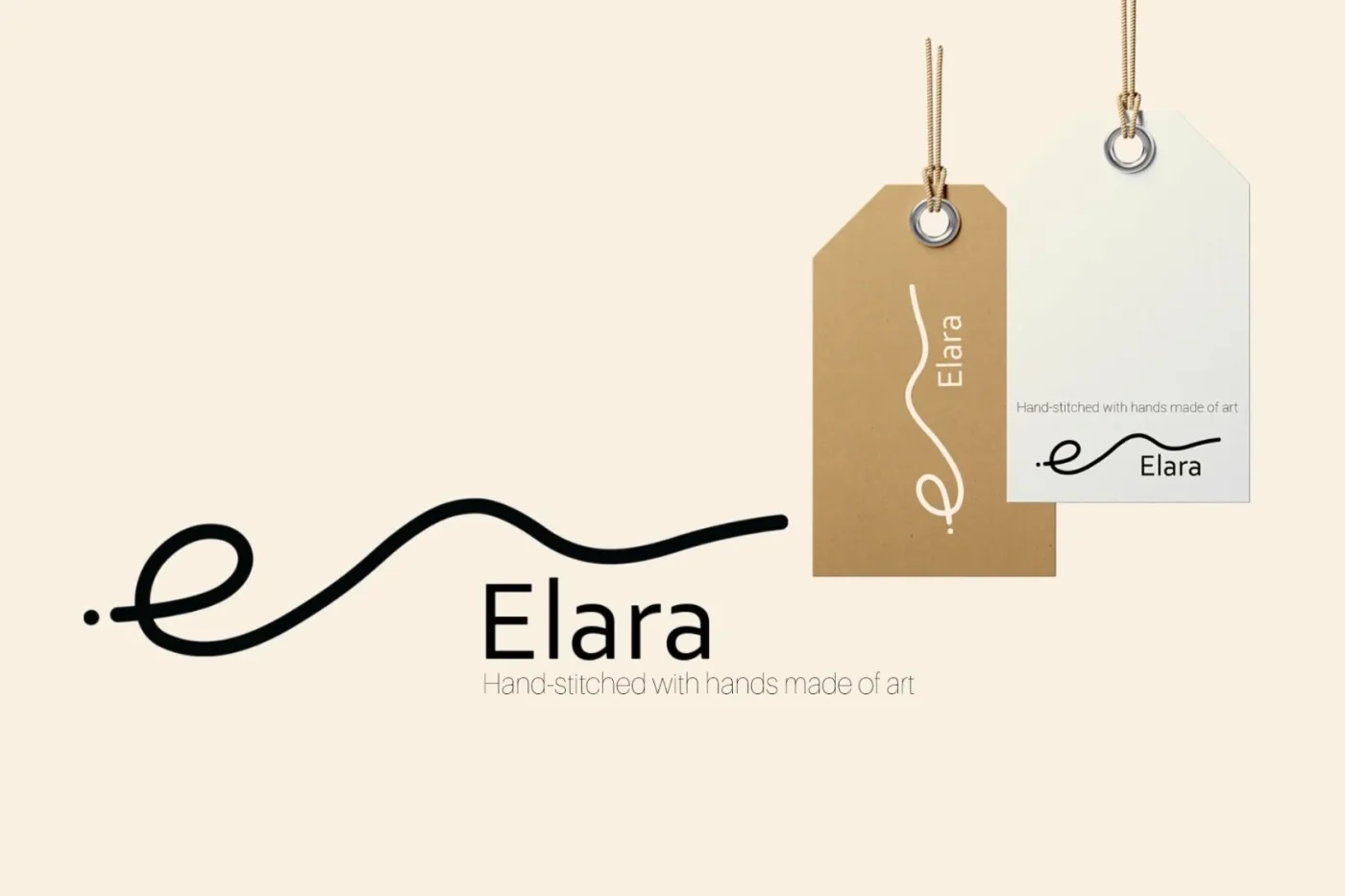 Elara — Hang tags — kraft and cream stock, thread-stitched mark.