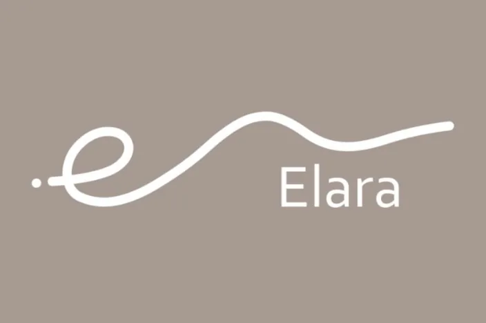 Elara — Primary lockup on taupe.